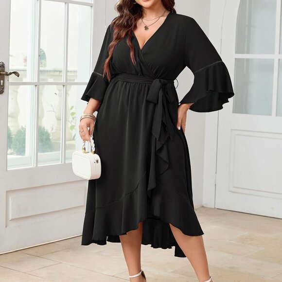 Plus Size Wedding Guest Dress Fall V Neck Wrap Maxi Ruffle Hem - Picture 5 of 6